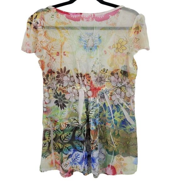 Sheer Baby Doll Top M White Multicolor Floral Puff Sleeve Ruched Fairy Core - Picture 2 of 9
